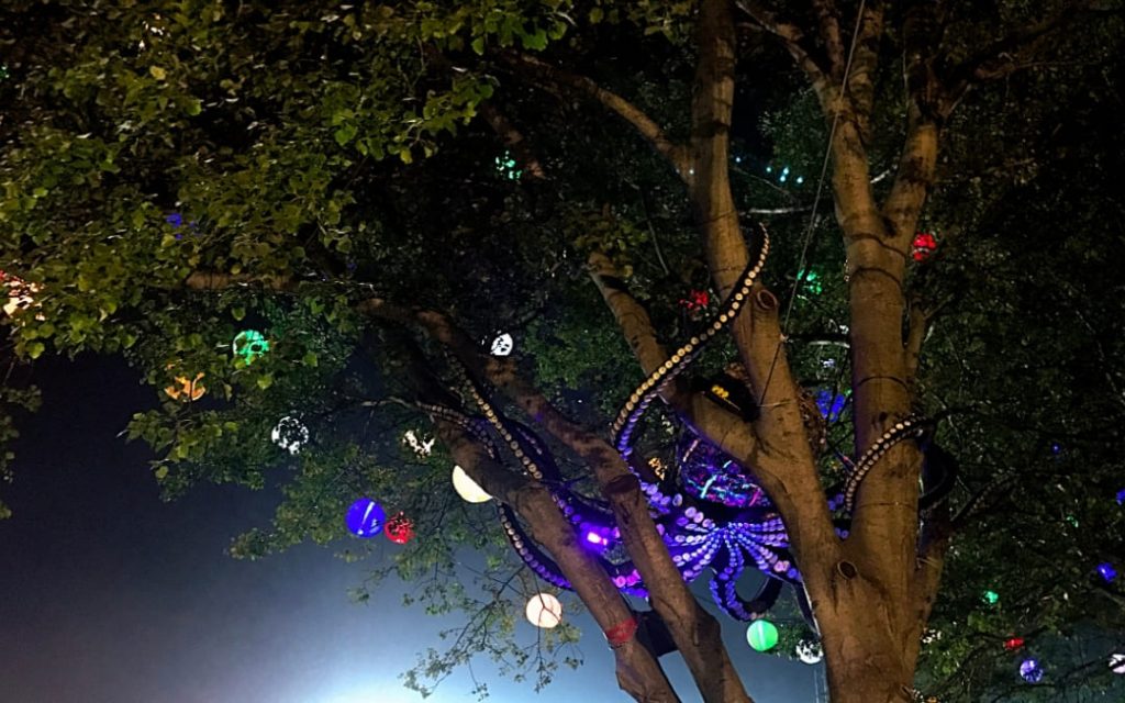 Drzewo ozdobione kolorowymi kulami świetlnymi podczas nocnego Sziget Festival w Budapeszcie