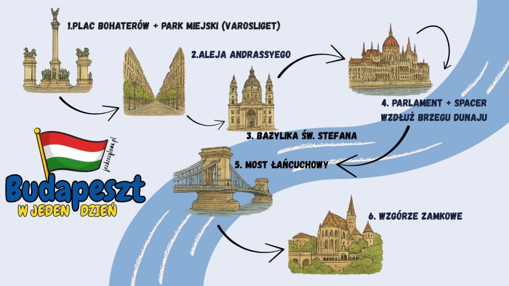 Infografika zawierająca plan zwiedzania Budapesztu na jeden dzień