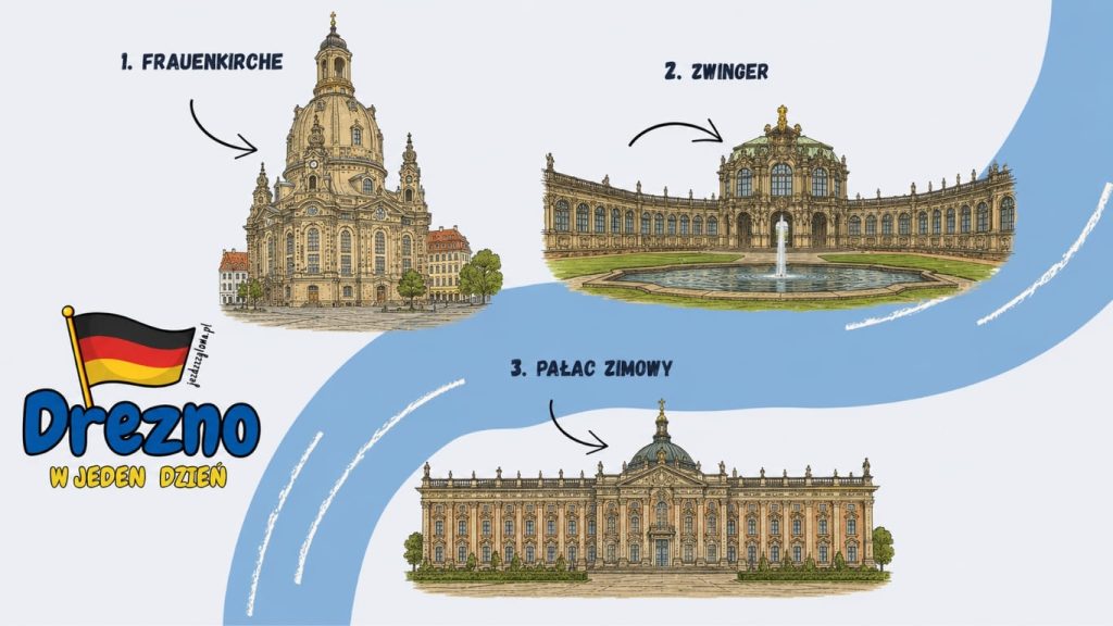 Mapka przedstawiająca trasę zwiedzania Drezna w jeden dzień z zaznaczonymi atrakcjami Frauenkirche, pałacem Zwinger oraz Pałacem Zimowym