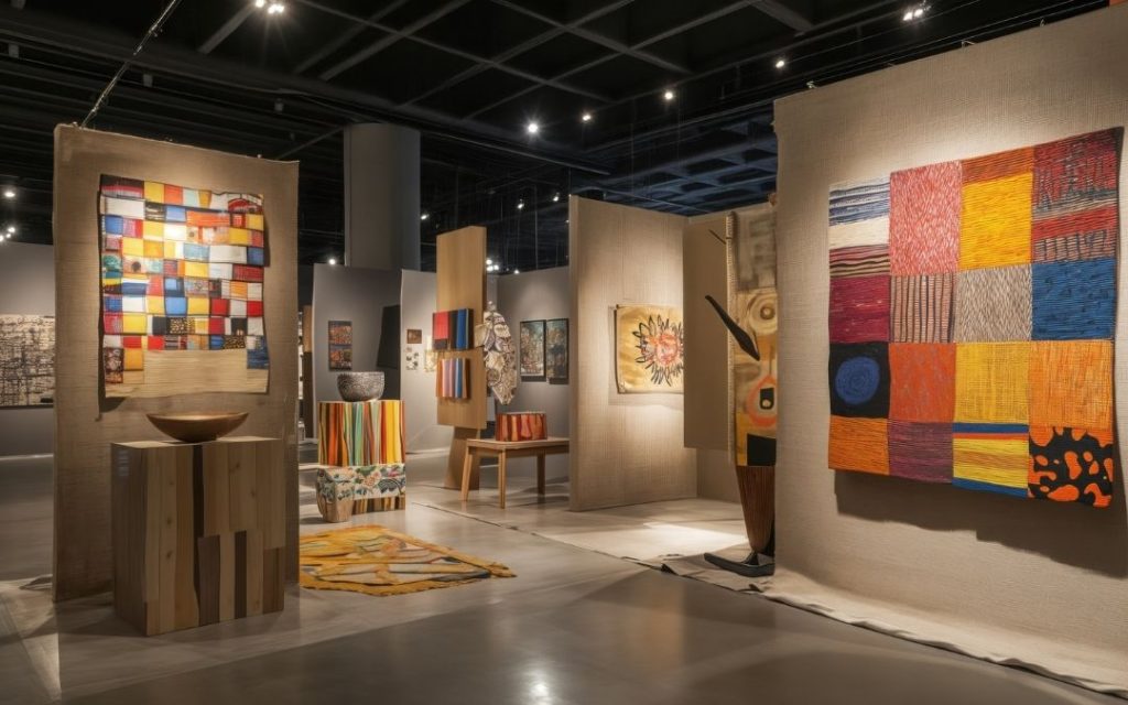 Wystawa nowoczesnej sztuki tekstylnej w Gallerie dell’Accademia w Wenecji. Barwne patchworki na beżowych panelach w nowoczesnym, ciemnym wnętrzu.