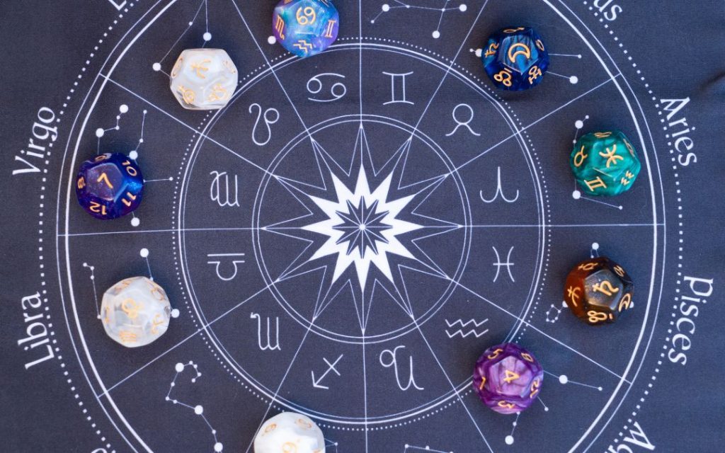 Astrologiczna mapa z symbolami zodiaku i kulkami, ilustrująca astrokartografię