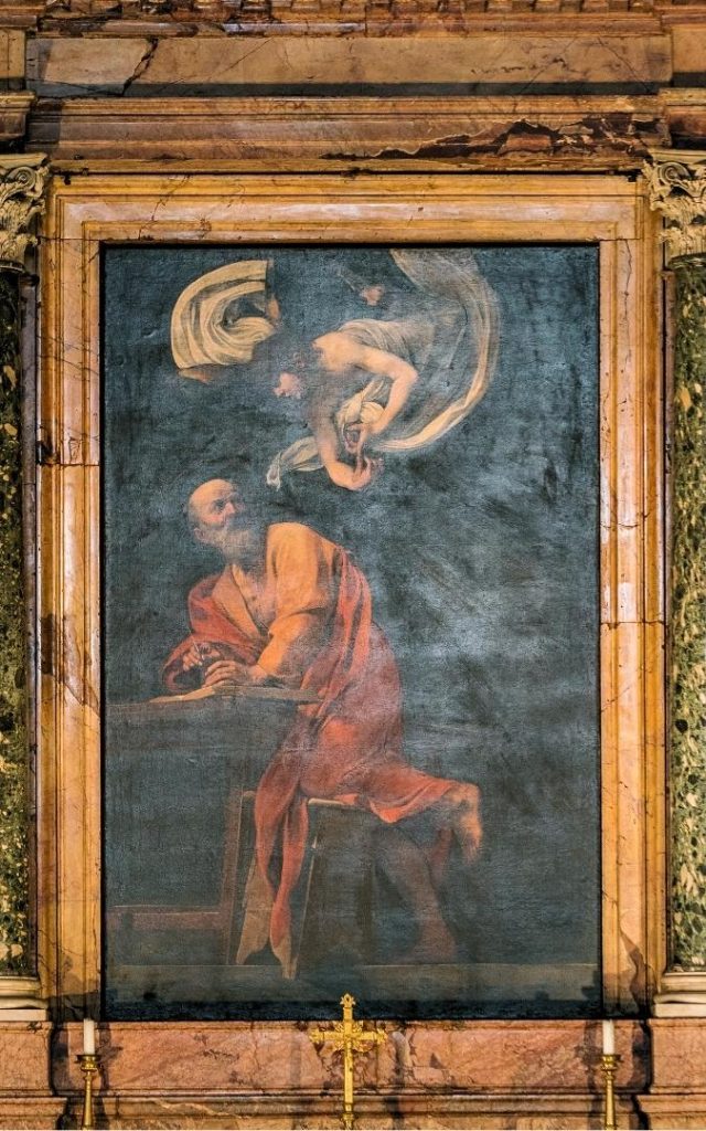 Obraz Caravaggia „Święty Mateusz i anioł” w ozdobnej ramie