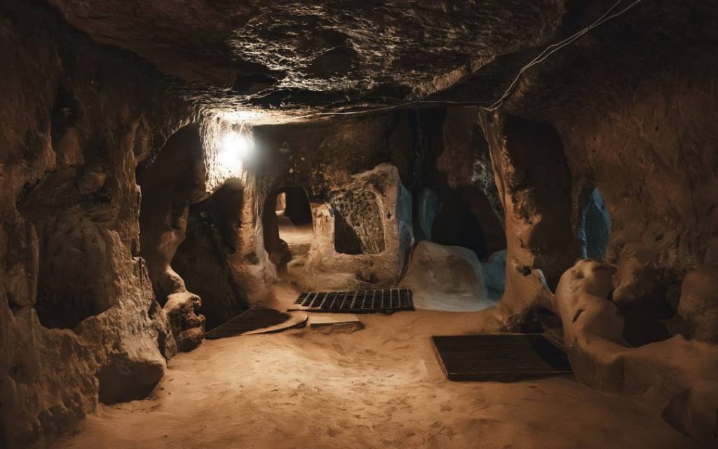 Wykute w skale pomieszczenie z bocznymi wnękami – przykład rozbudowanej sieci podziemnych komór