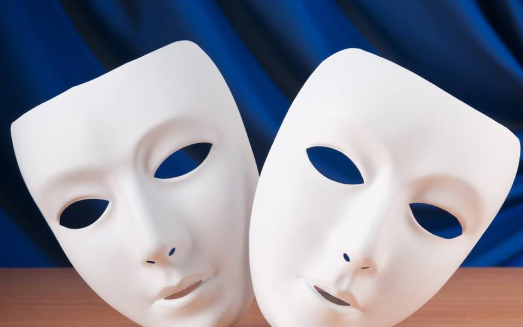 Dwie białe maski teatralne, symbolizujące świat dramatu i emocji