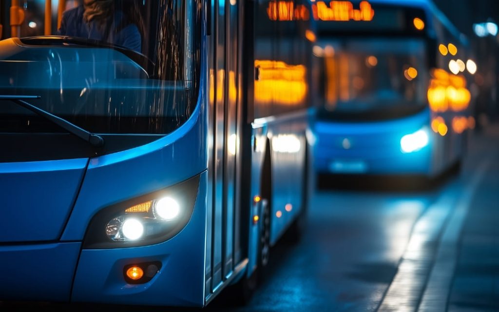 Dwa autobusy na drodze późną porą