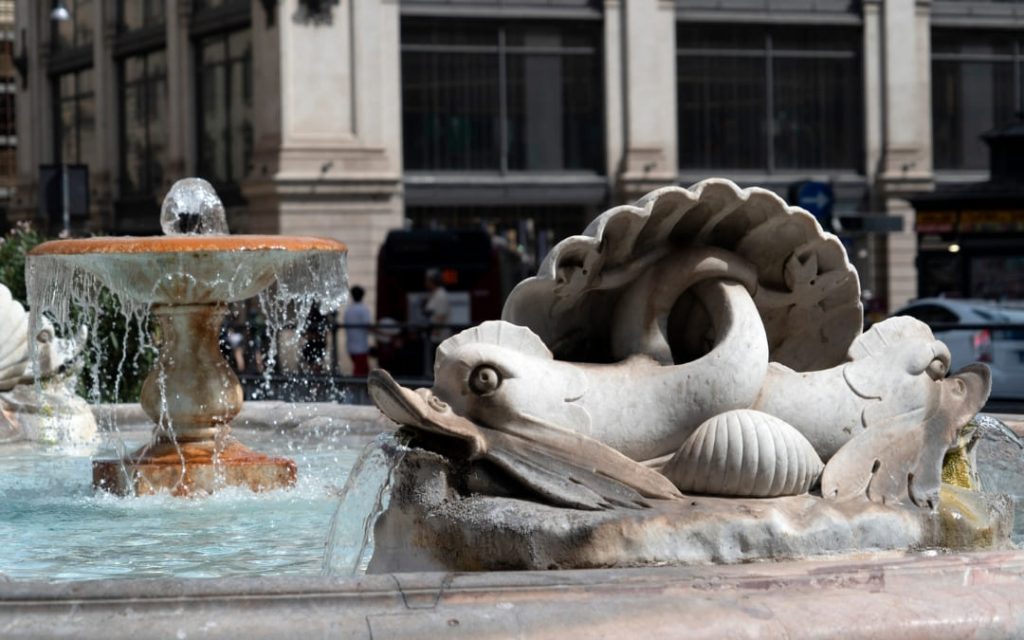 Fontanna na Piazza Colonna w Rzymie – detal rzeźbiarski z delfinami i muszlą