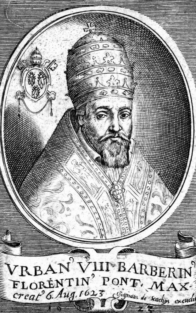 Historyczna rycina przedstawiająca papieża Urbana VIII Barberiniego w tiarze i z herbem rodowym