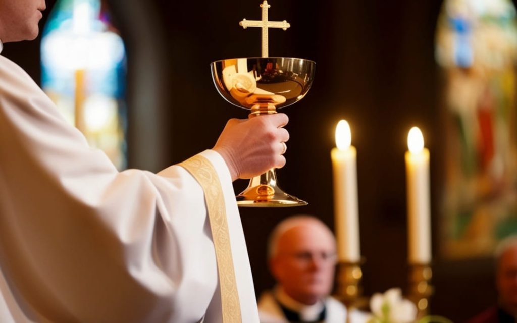 Kapłan celebrujący mszę świętą, trzymający złoty kielich mszalny na tle palących się świec