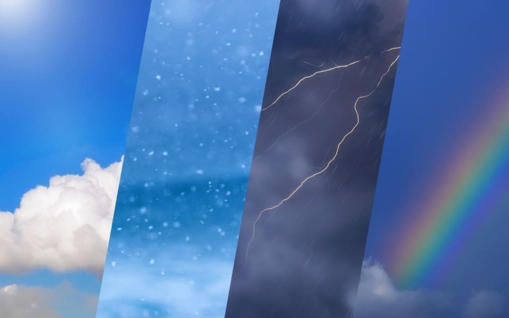 Kolaż czterech zjawisk atmosferycznych pokazujący słońce z chmurami, opady śniegu, piorun oraz tęczę na niebie