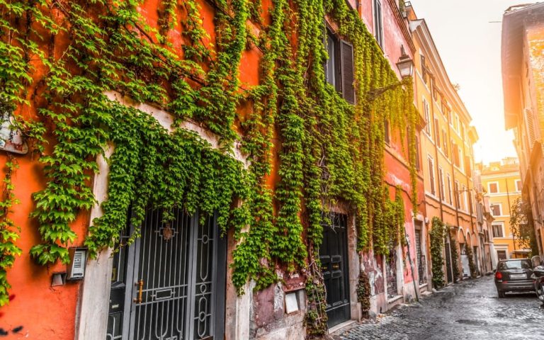 Malownicza ulica w rzymskiej dzielnicy Trastevere z fasadami kamienic porośniętymi zielonym bluszczem w słoneczny dzień