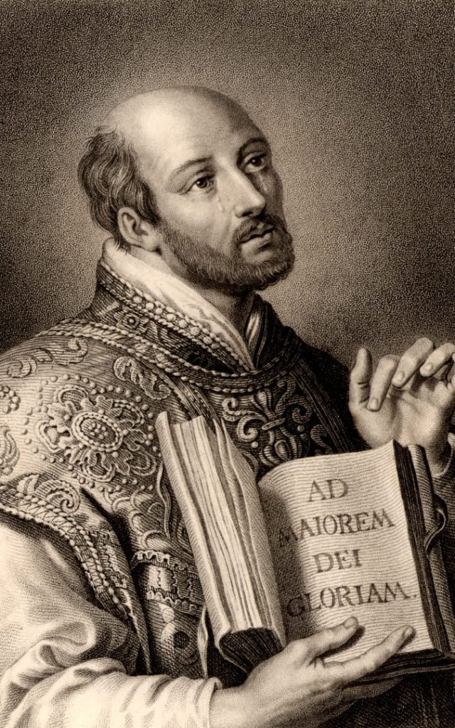 Portret św. Ignacego Loyoli z otwartą księgą z napisem „Ad Maiorem Dei Gloriam”