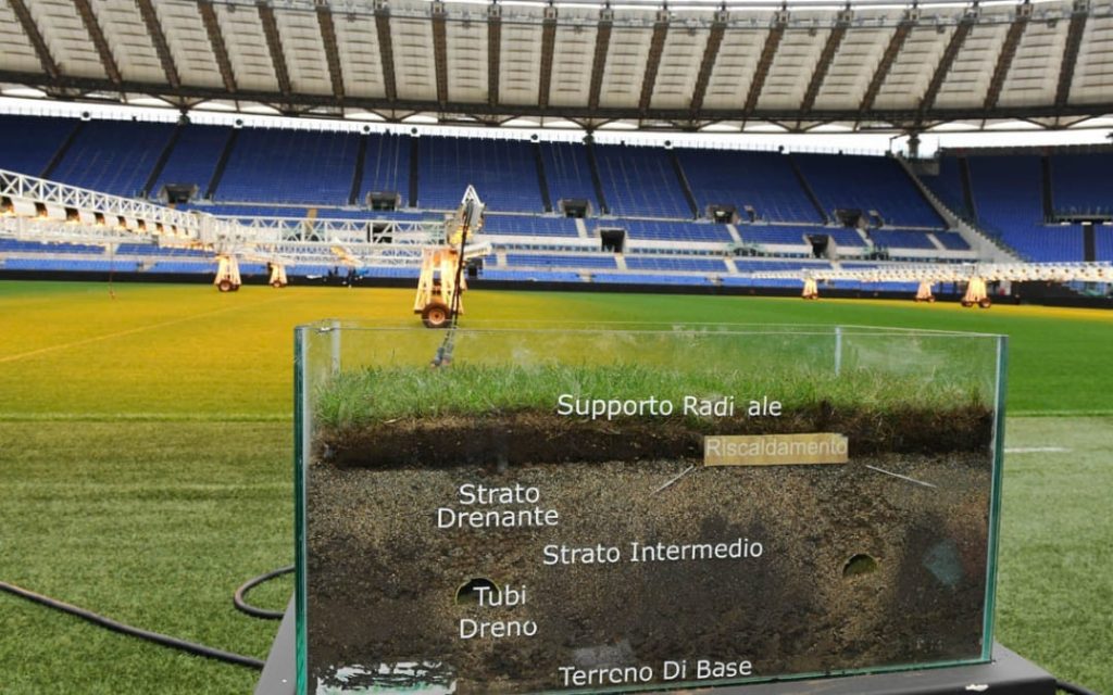 Przekrój poprzeczny warstw murawy na Stadio Olimpico w Rzymie