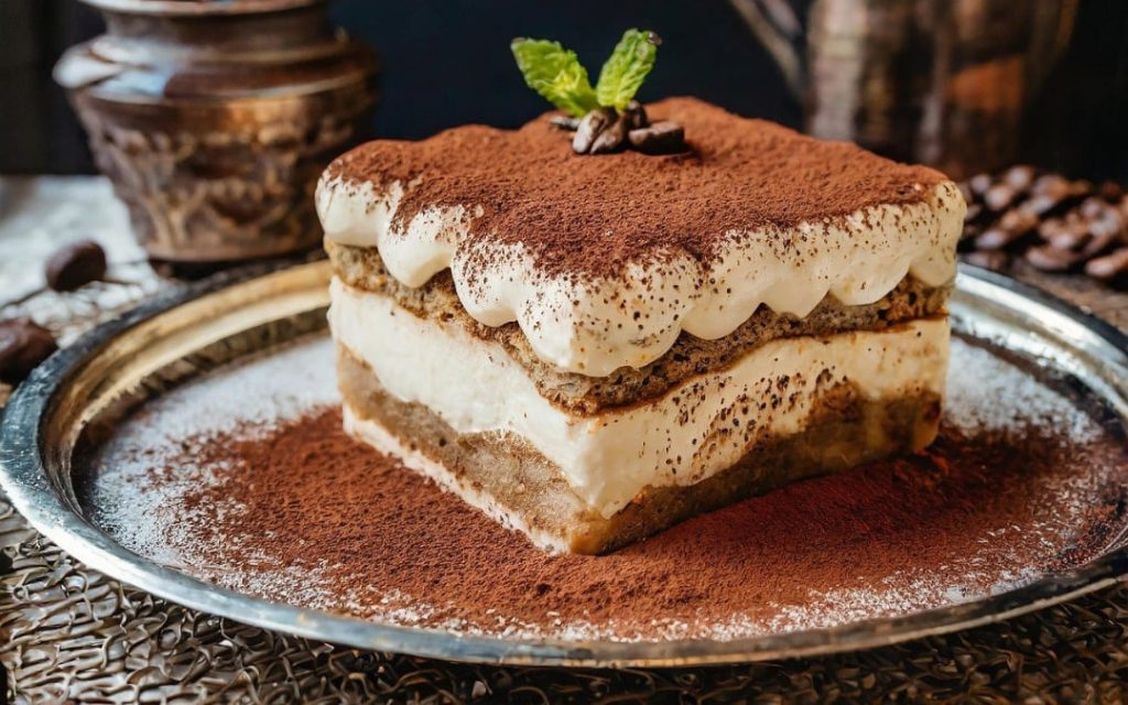 Tradycyjne włoskie tiramisu z grubą warstwą kremu i kakao na srebrnej tacy