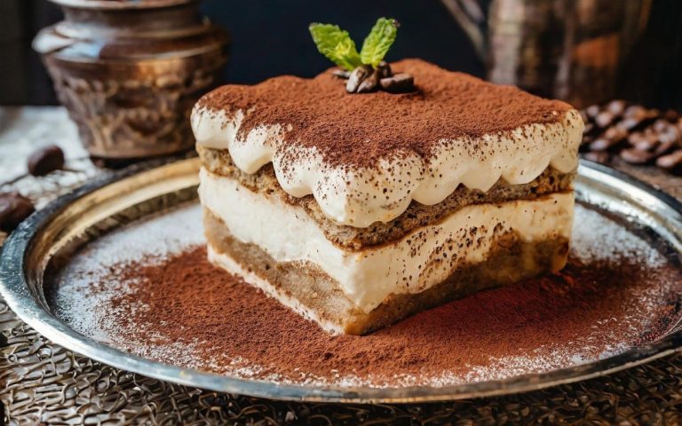 Tradycyjne włoskie tiramisu z grubą warstwą kremu i kakao na srebrnej tacy