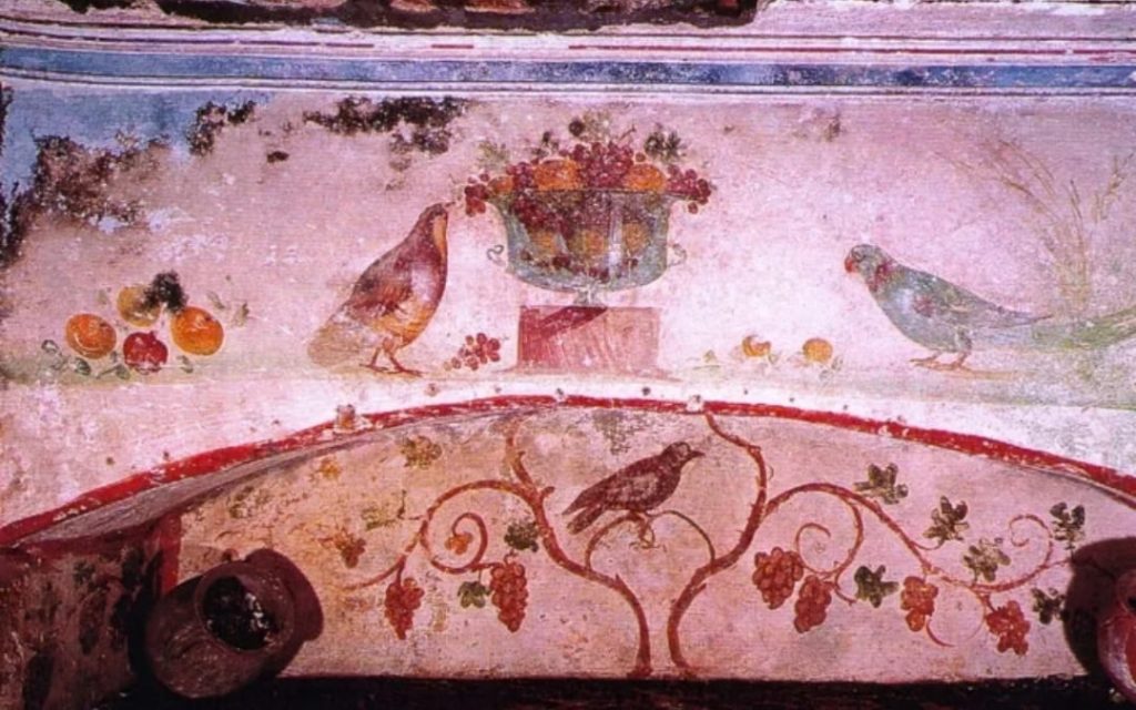 Wczesnochrześcijański fresk przedstawiający ptaki i misę owoców w katakumbach św Sebastiana w Rzymie