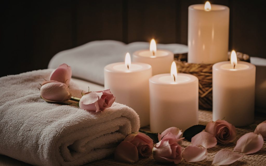 Białe ręczniki z różowymi różami obok zapalonych świec w nastrojowym hotelowym spa
