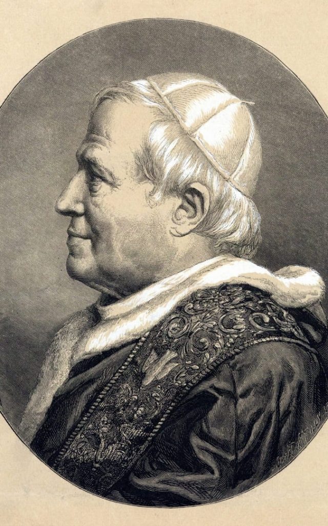 Czarno-biały graficzny portret papieża Piusa IX w szatach przedstawiony z profilu