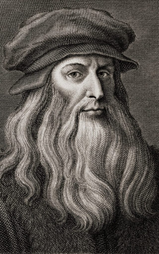 Czarno-biały rycina portretująca Leonarda da Vinci z długą brodą i charakterystycznym beretem