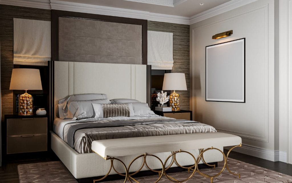 Elegancki pokój hotelowy z podwójnym łóżkiem i szarą, nowoczesną dekoracją