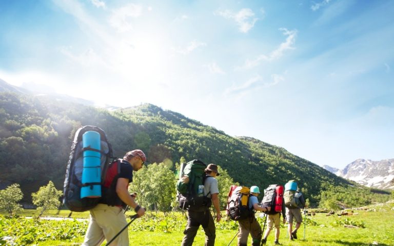 Grupa wędrowców z dużymi plecakami trekkingowymi i kijami, idąca szlakiem przez zieloną dolinę w górach w pełnym słońcu.