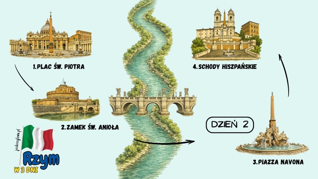 Ilustrowana mapa drugiego dnia zwiedzania Rzymu w 3 dni z trasą przez Plac św. Piotra, Zamek św. Anioła, Piazza Navona i Schody Hiszpańskie, z rysunkiem rzeki Tyber pośrodku