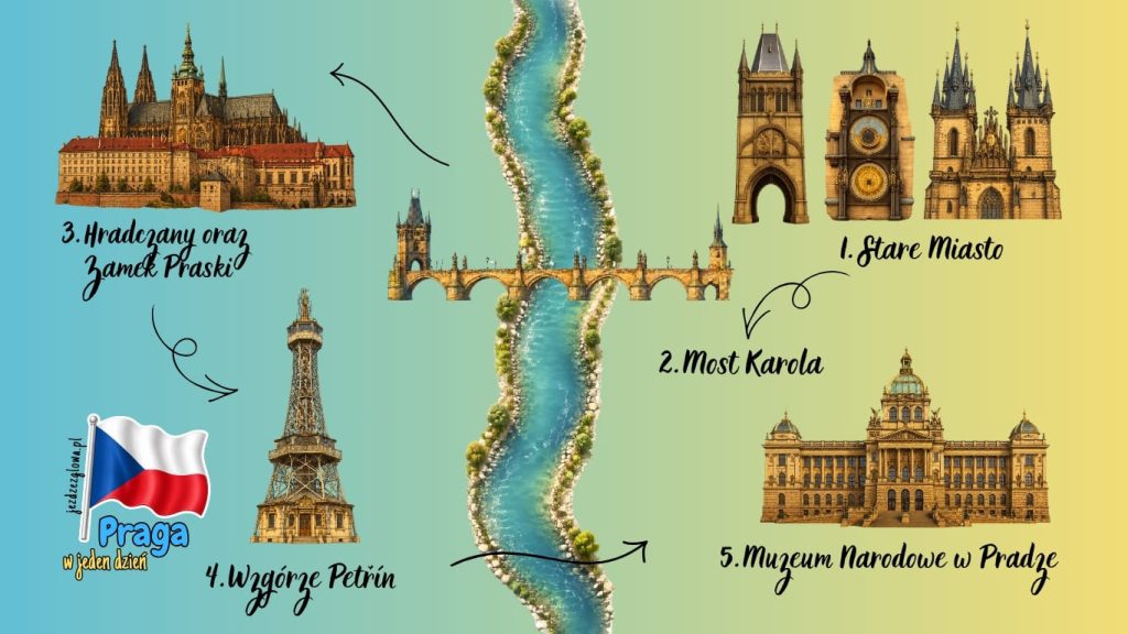 Ilustrowana mapa trasy zwiedzania Pragi w jeden dzień z zaznaczonymi atrakcjami