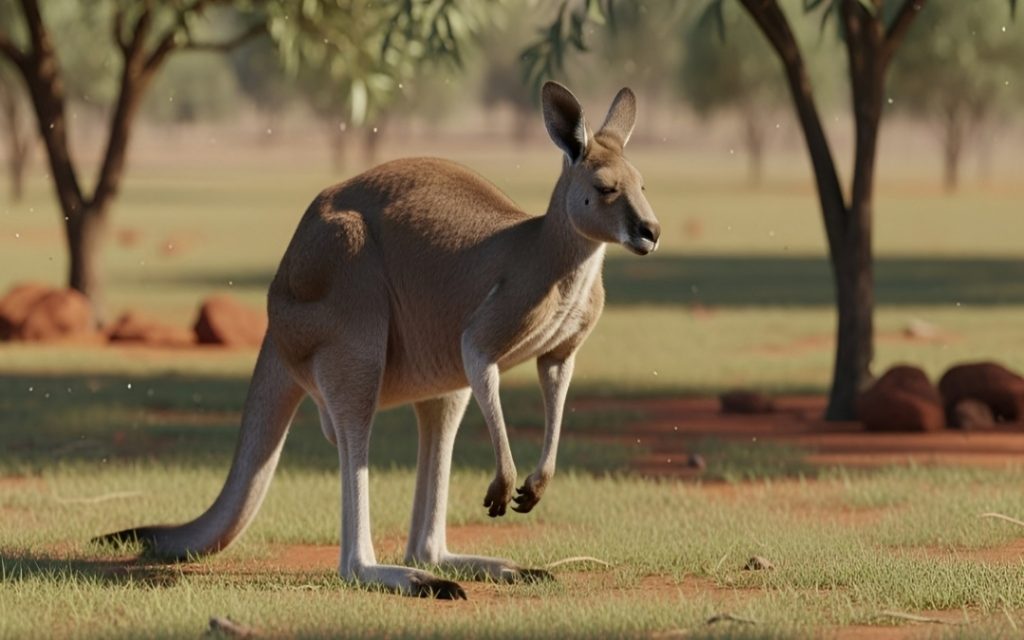 Kangur stojący na trawiastej sawannie z charakterystyczną czerwoną ziemią i rzadkimi drzewami w Australii.