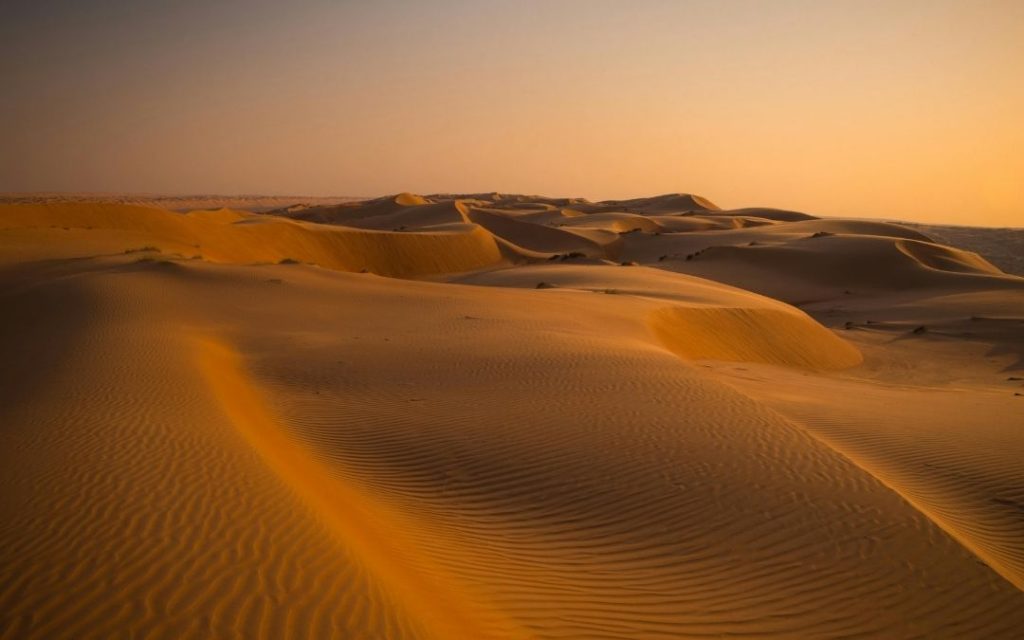 Rozległe piaszczyste wydmy na pustyni w Omanie skąpane w ciepłym świetle zachodzącego słońca.