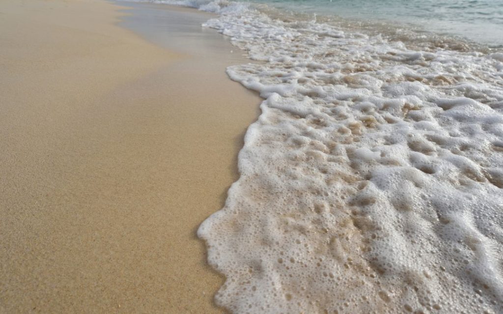 Spieniona woda na brzegu plaży w Rydze