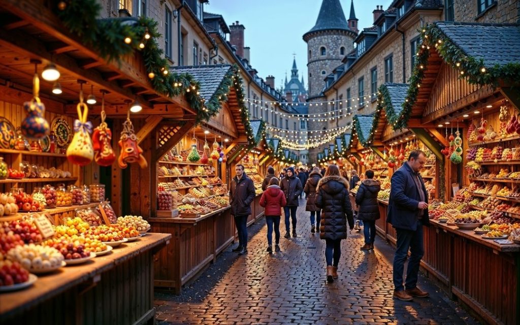 Tradycyjny jarmark bożonarodzeniowy nocą z oświetlonymi drewnianymi straganami i ludźmi spacerującymi po brukowanej uliczce.