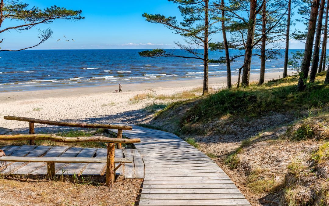 Widok na morze z plażą i deptakiem w słoneczny dzień