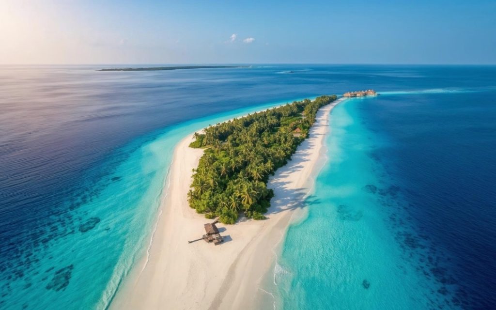 Widok z lotu ptaka na wąską piaszczystą mierzeję otoczoną turkusową wodą oceanu i gęstą zielenią wyspy na Malediwach.
