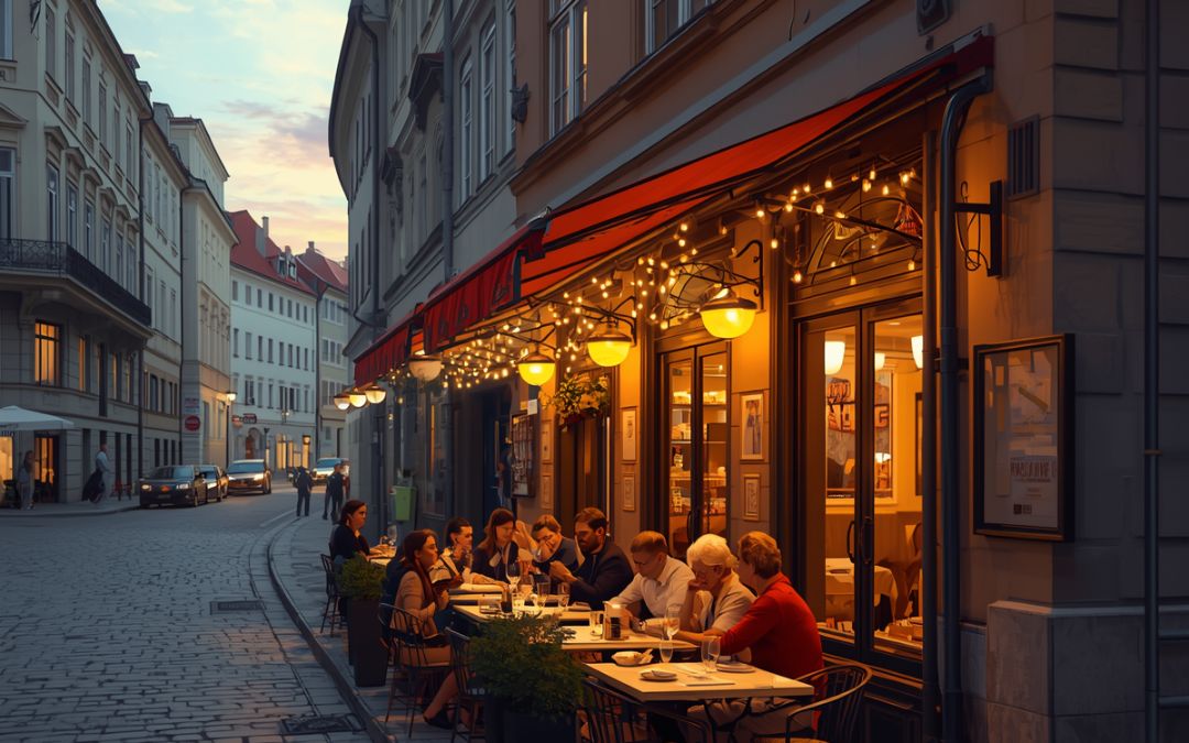 Wieczorny widok restauracji z ludźmi przy stolikach