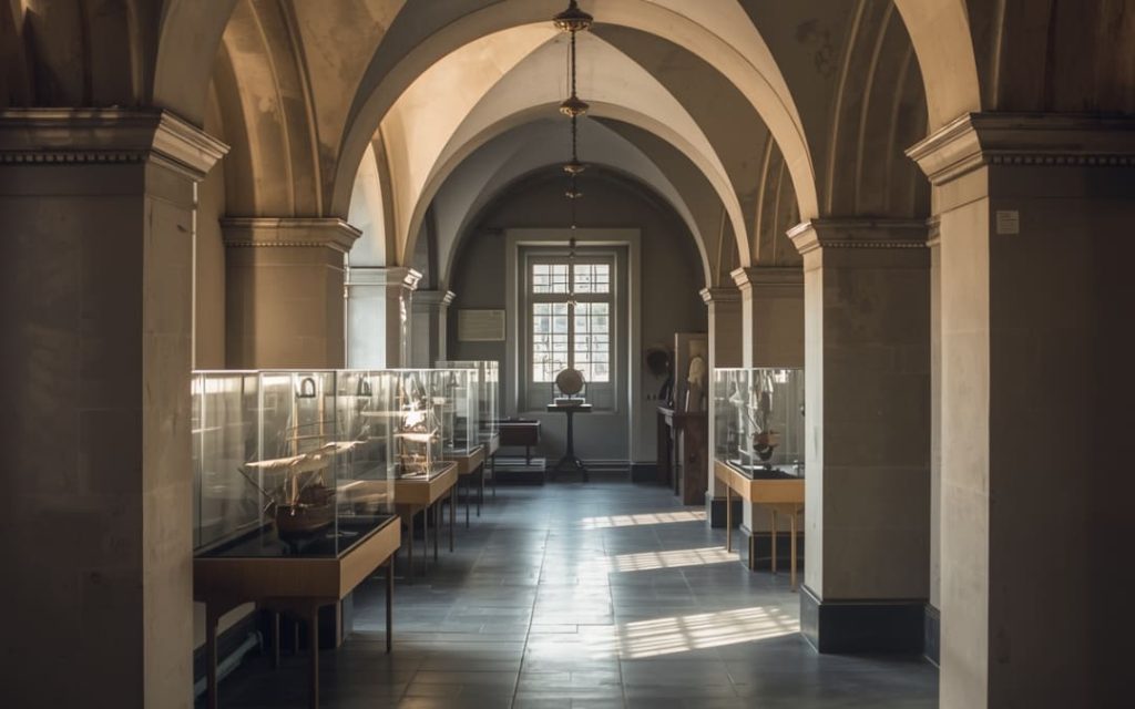 Wnętrze z eksponatami związanymi z historią morską