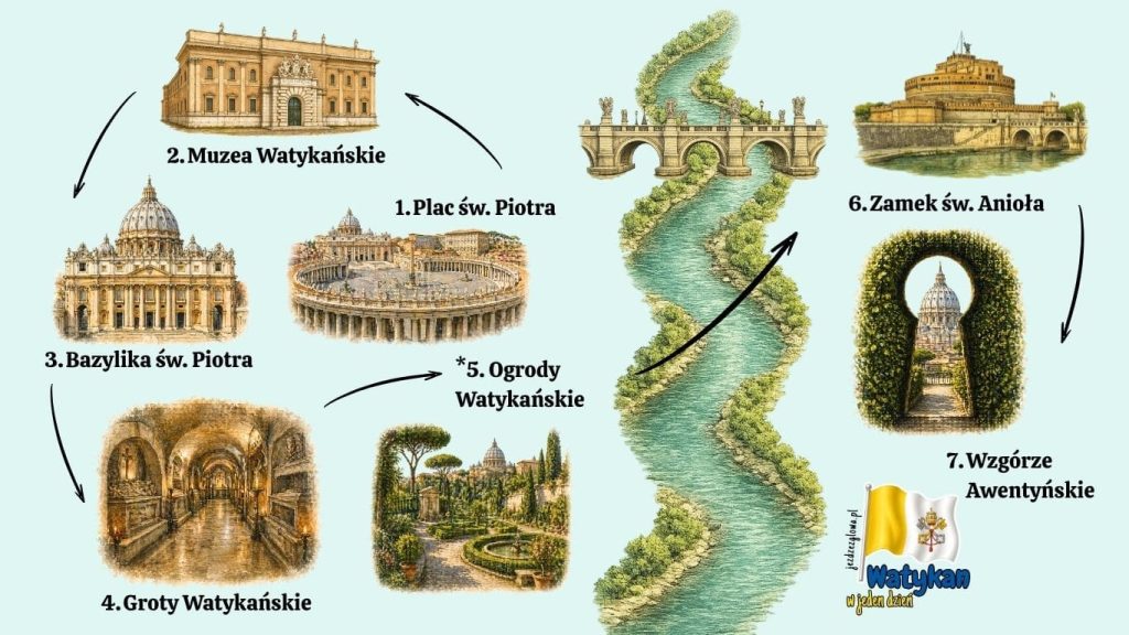 Ilustrowana mapa trasy zwiedzania Watykanu w jeden dzień z zaznaczonymi atrakcjami