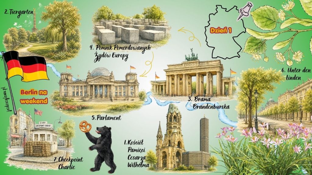 Ilustrowana mapa turystyczna przedstawiająca pierwszą część weekendowego planu zwiedzania Berlina.
