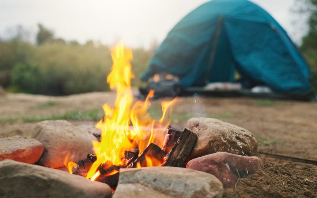Widok na ognisko i namiot wśród zieleni