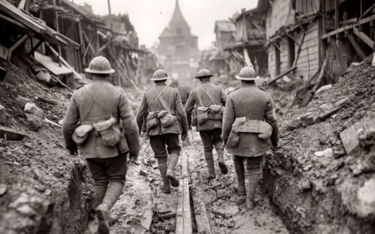 Czarno-biała historyczna fotografia żołnierzy idących przez zniszczoną ulicę lub okop