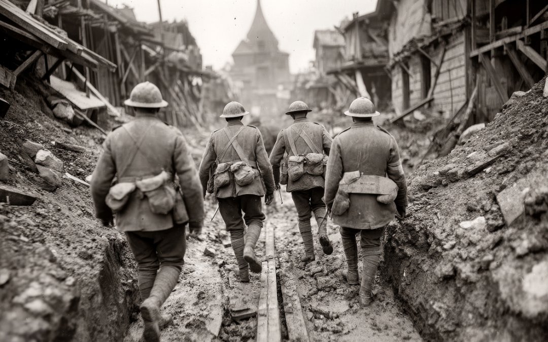 Czarno-biała historyczna fotografia żołnierzy idących przez zniszczoną ulicę lub okop