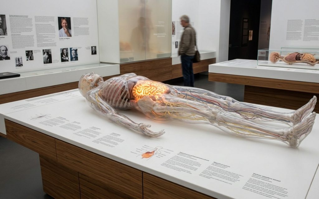 Anatomiczny model człowieka z podświetlonym układem trawiennym