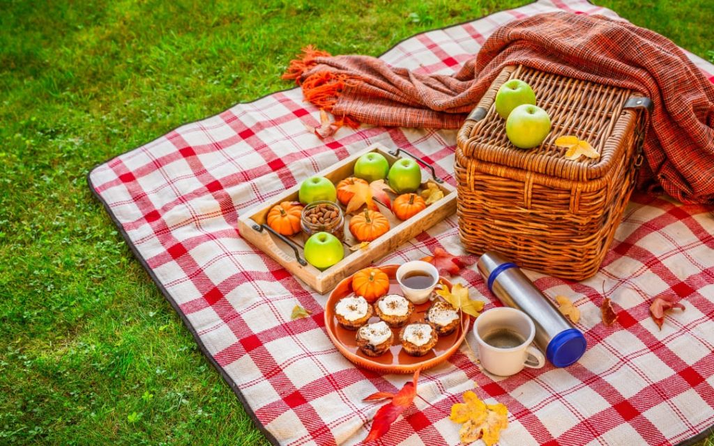 Jesienny piknik na trawie z wiklinowym koszem, jabłkami, przekąskami i gorącym napojem na czerwono-białym kocu