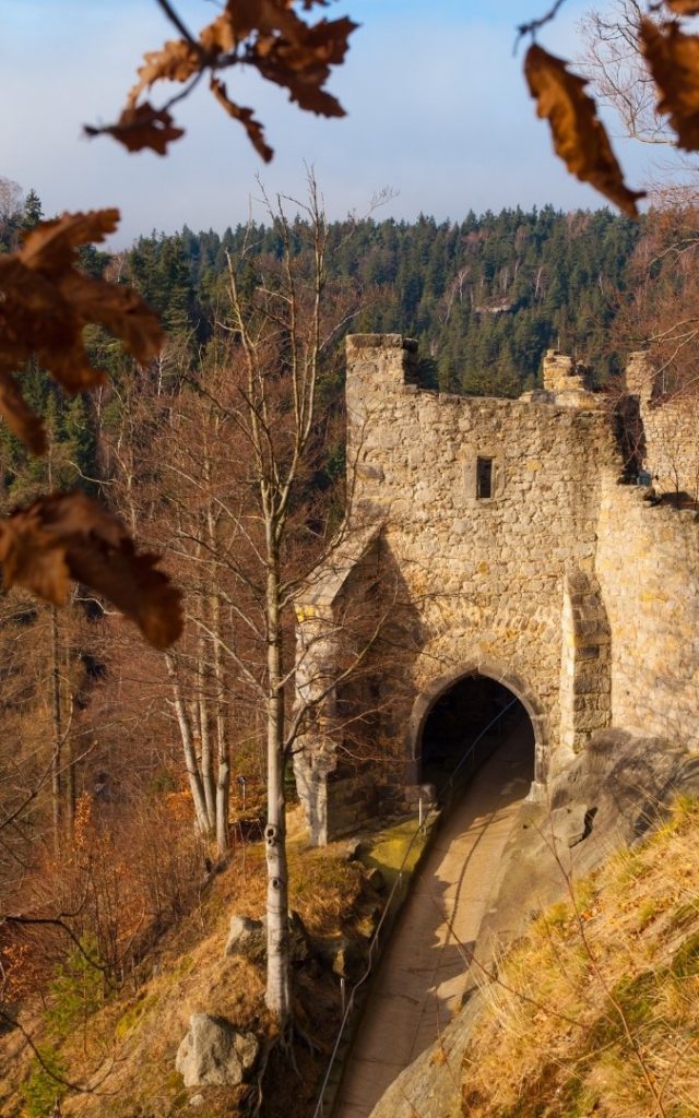 Kamienna brama ruin zamku Oybin na tle leśnego krajobrazu