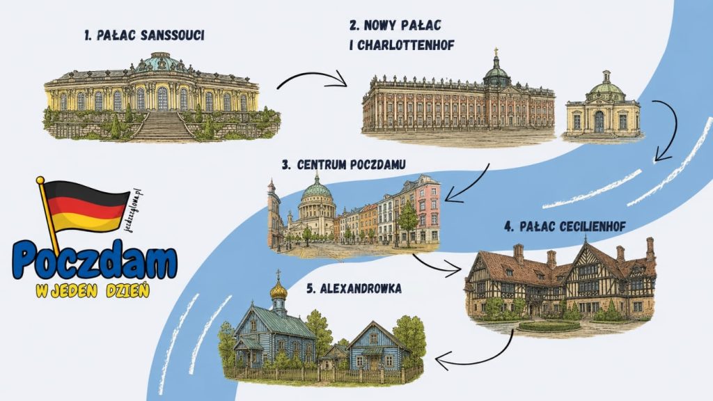 Mapka Poczdamu na jeden dzień z trasą prowadzącą przez Pałac Sanssouci, Nowy Pałac, Charlottenhof, centrum miasta, Pałac Cecilienhof i Alexandrowkę