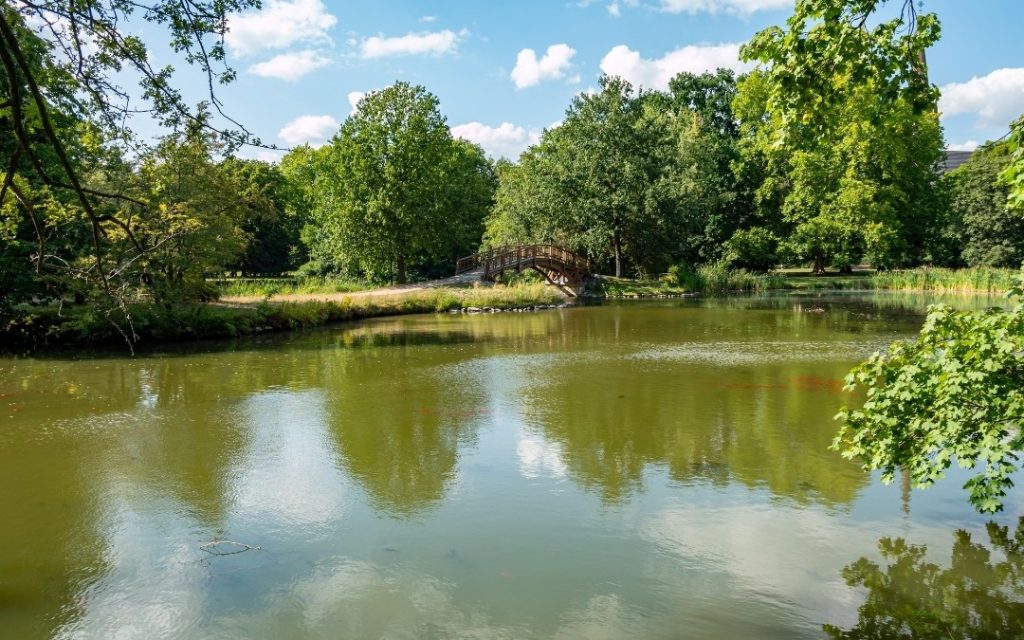 Park w Lipsku ze stawem, drewnianym mostkiem i zielenią