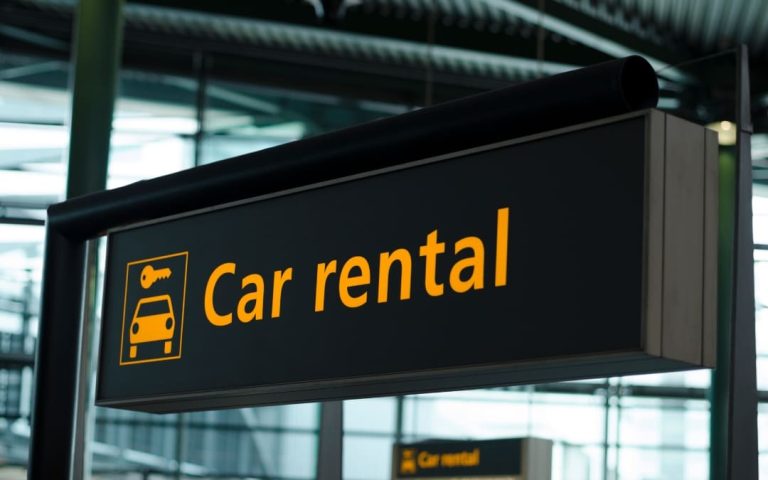 Tablica informacyjna wypożyczalni samochodów z oznaczeniem „Car rental”