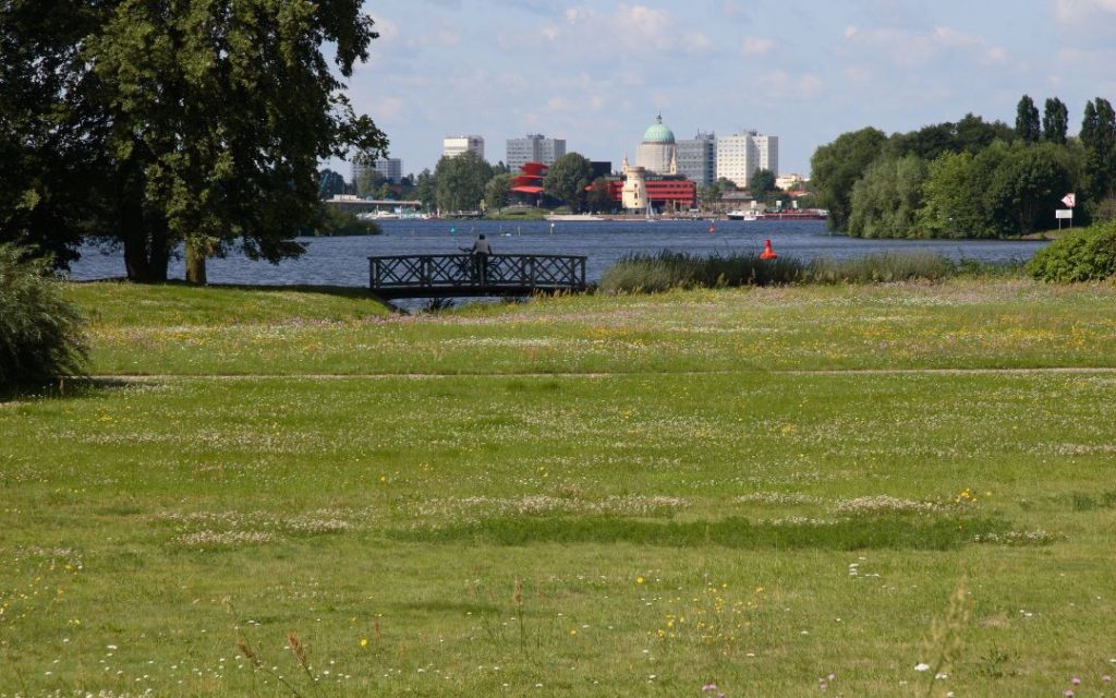 Widok na Poczdam nad Hawelą z łąką i pomostem