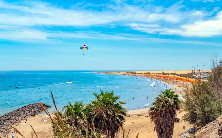 Widok na plażę Playa del Inglés, ocean i palmy