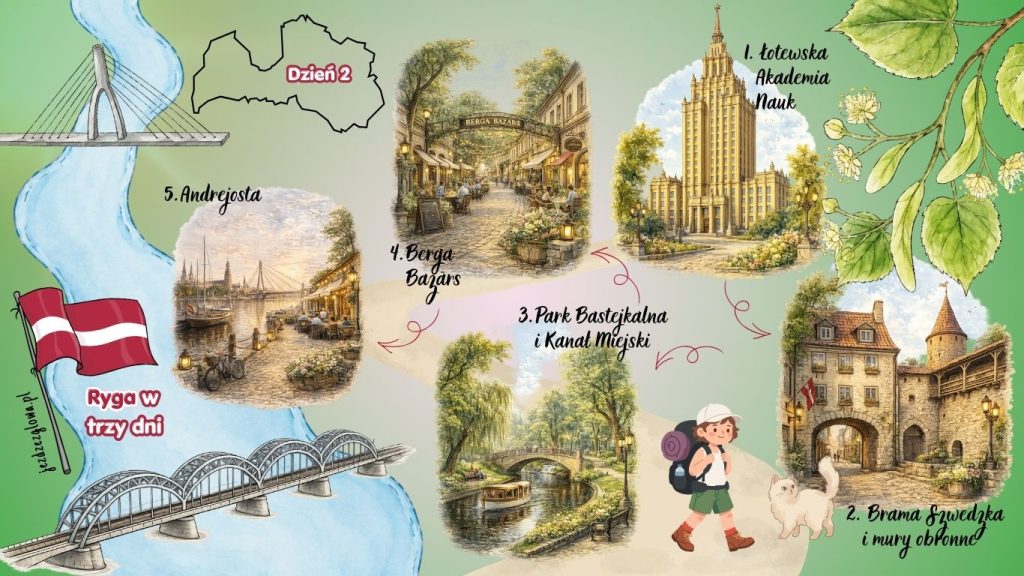 Ilustrowana mapa turystyczna pokazująca trasę i atrakcje zaplanowane na drugi dzień wycieczki do Rygi.