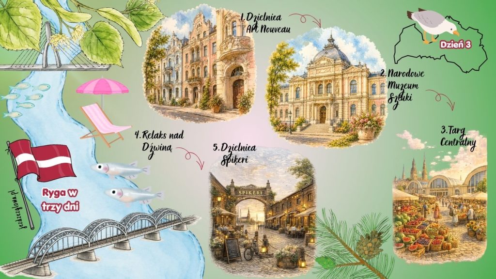 Ilustrowana mapa turystyczna prezentująca kolejne miejsca do zobaczenia w ramach trzeciego dnia w Rydze.