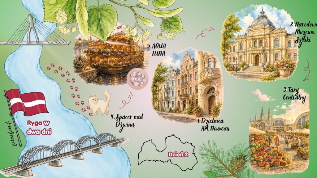Ilustrowana mapa turystyczna prezentująca kontynuację weekendowego planu zwiedzania Rygi z trasą zaplanowaną na drugi dzień wyjazdu.